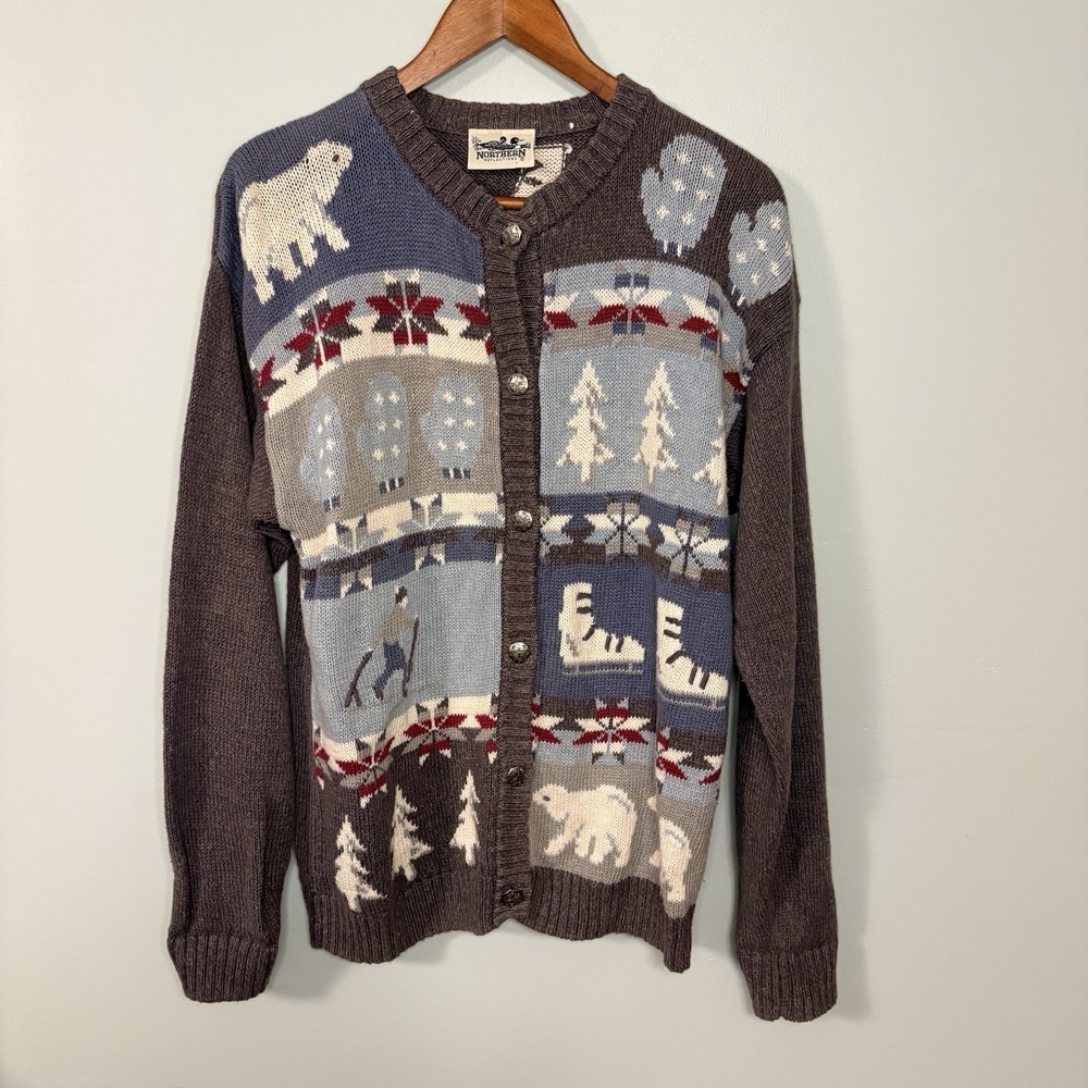 Vintage Northern Reflections Gray Knit Winter Polar Bear Cottage Cardigan M